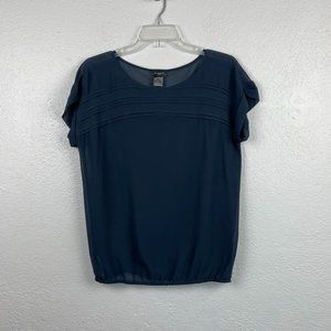 Ann Taylor Womens Navy Short Sleeve Sheer Elastic Waist Blouse Size XS
